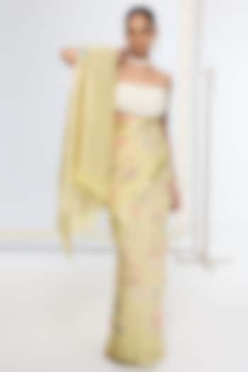 Lime Green & Gold Pure Georgette Handwoven Printed Banarasi Party Wear Saree by Ekaya at Pernia's Pop Up Shop