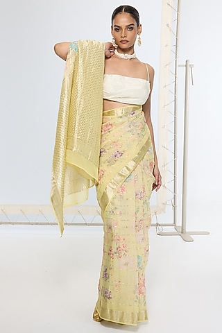 Lime Green & Gold Pure Georgette Handwoven Printed Banarasi Saree by Ekaya