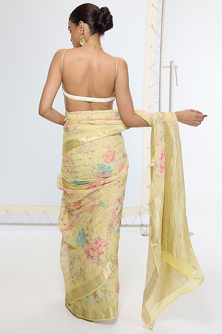 Lime Green & Gold Pure Georgette Handwoven Printed Banarasi Party Wear Saree by Ekaya at Pernia's Pop Up Shop