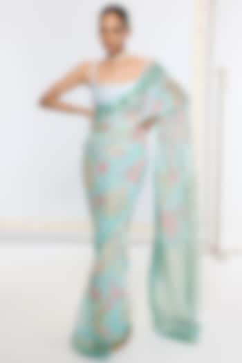 Aqua Blue Pure Georgette Handwoven Printed Banarasi Party Wear Saree by Ekaya at Pernia's Pop Up Shop