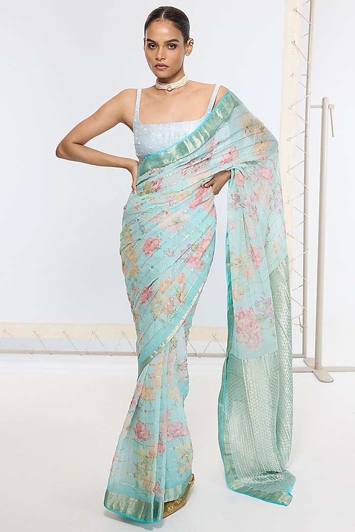 Aqua Blue Pure Georgette Handwoven Printed Banarasi Party Wear Saree by Ekaya at Pernia's Pop Up Shop