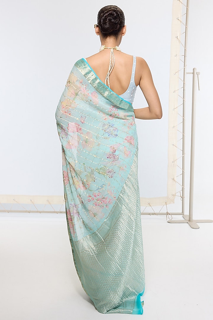 Aqua Blue Pure Georgette Handwoven Printed Banarasi Party Wear Saree by Ekaya at Pernia's Pop Up Shop