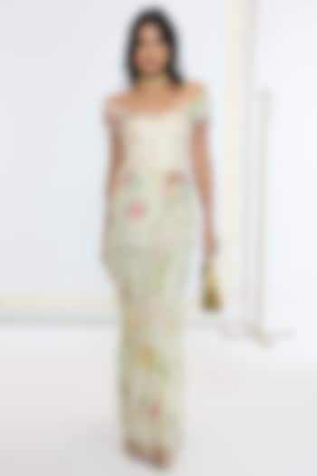 Pistachio Green Pure Georgette Handwoven Printed Banarasi Party Wear Saree by Ekaya at Pernia's Pop Up Shop