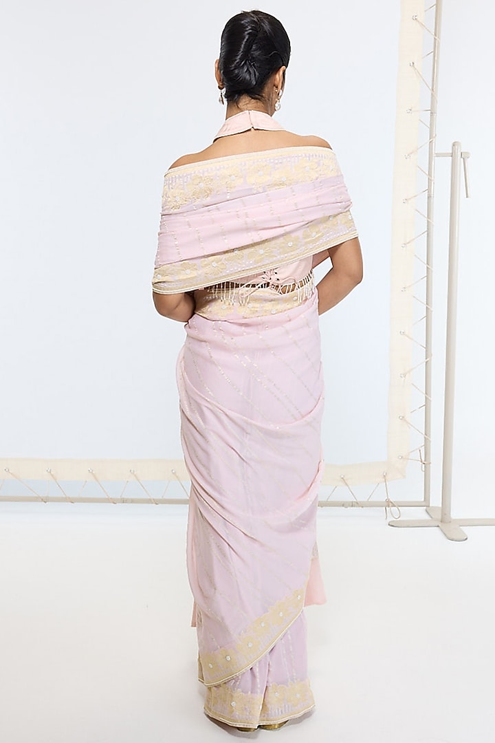 Peach-Pink Pure Georgette Handwoven Hand Embroidered Banarasi Wedding Saree by Ekaya at Pernia's Pop Up Shop
