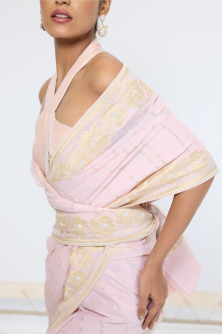 Peach-Pink Pure Georgette Handwoven Hand Embroidered Banarasi Wedding Saree by Ekaya at Pernia's Pop Up Shop