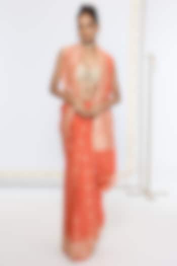 Rusty Orange Pure Georgette Handwoven Hand Embroidered Banarasi Party Wear Saree by Ekaya at Pernia's Pop Up Shop