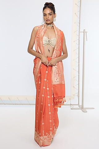 Rusty Orange Pure Georgette Handwoven Hand Embroidered Banarasi Saree by Ekaya