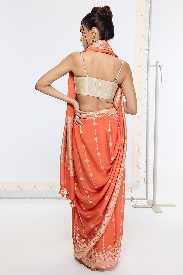 Rusty Orange Pure Georgette Handwoven Hand Embroidered Banarasi Party Wear Saree by Ekaya at Pernia's Pop Up Shop