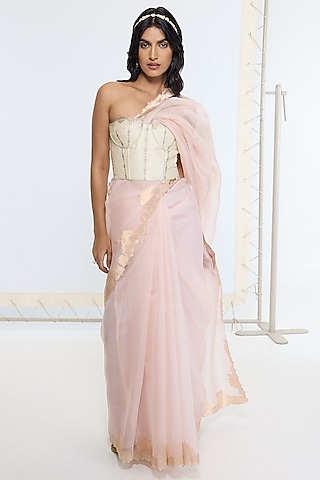Peach Organza Silk Embroidered Handwoven Saree by Ekaya