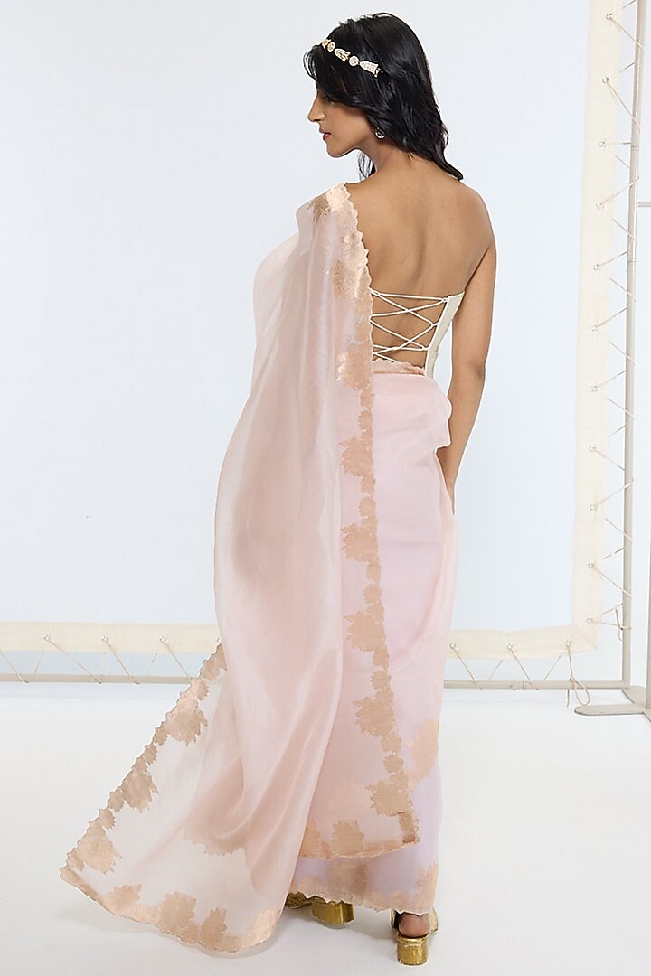 Peach Organza Silk Embroidered Handwoven Party Wear Saree by Ekaya at Pernia's Pop Up Shop