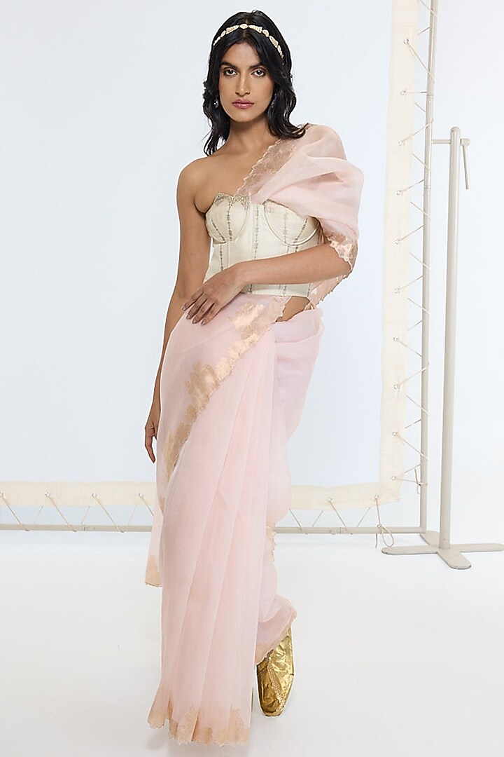 Peach Organza Silk Embroidered Handwoven Party Wear Saree by Ekaya at Pernia's Pop Up Shop