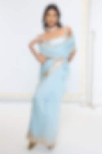 Ice Blue Organza Silk Embroidered Handwoven Party Wear Saree by Ekaya at Pernia's Pop Up Shop