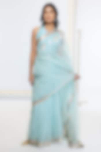 Aqua Blue Organza Silk Handwoven Party Wear Saree by Ekaya at Pernia's Pop Up Shop