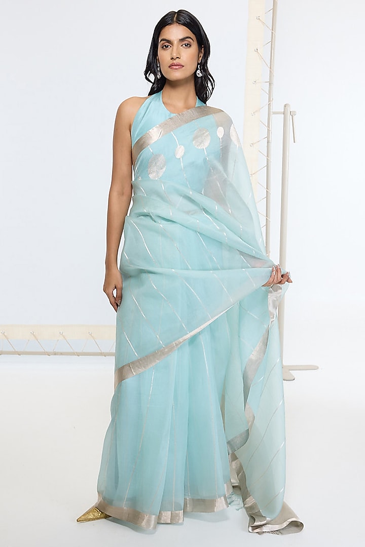 Aqua Blue Organza Silk Handwoven Party Wear Saree by Ekaya at Pernia's Pop Up Shop
