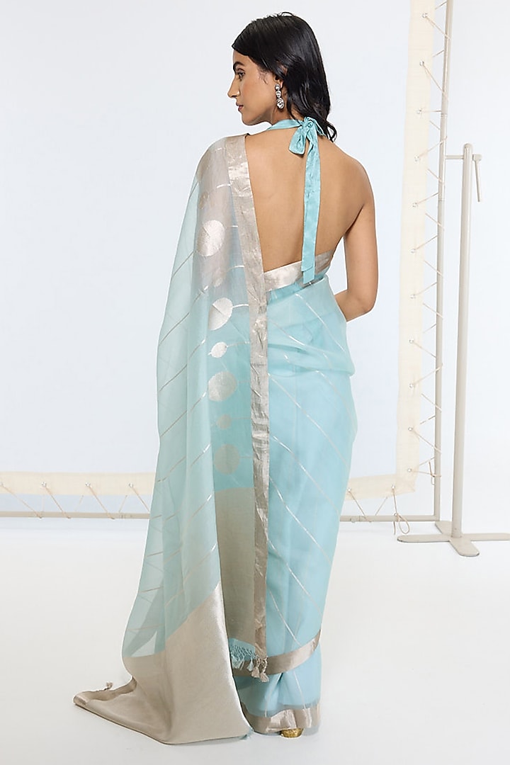 Aqua Blue Organza Silk Handwoven Party Wear Saree by Ekaya at Pernia's Pop Up Shop