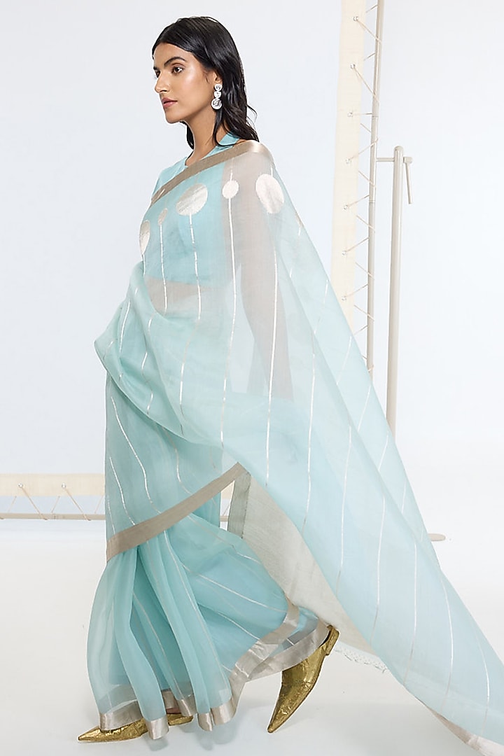 Aqua Blue Organza Silk Handwoven Party Wear Saree by Ekaya at Pernia's Pop Up Shop