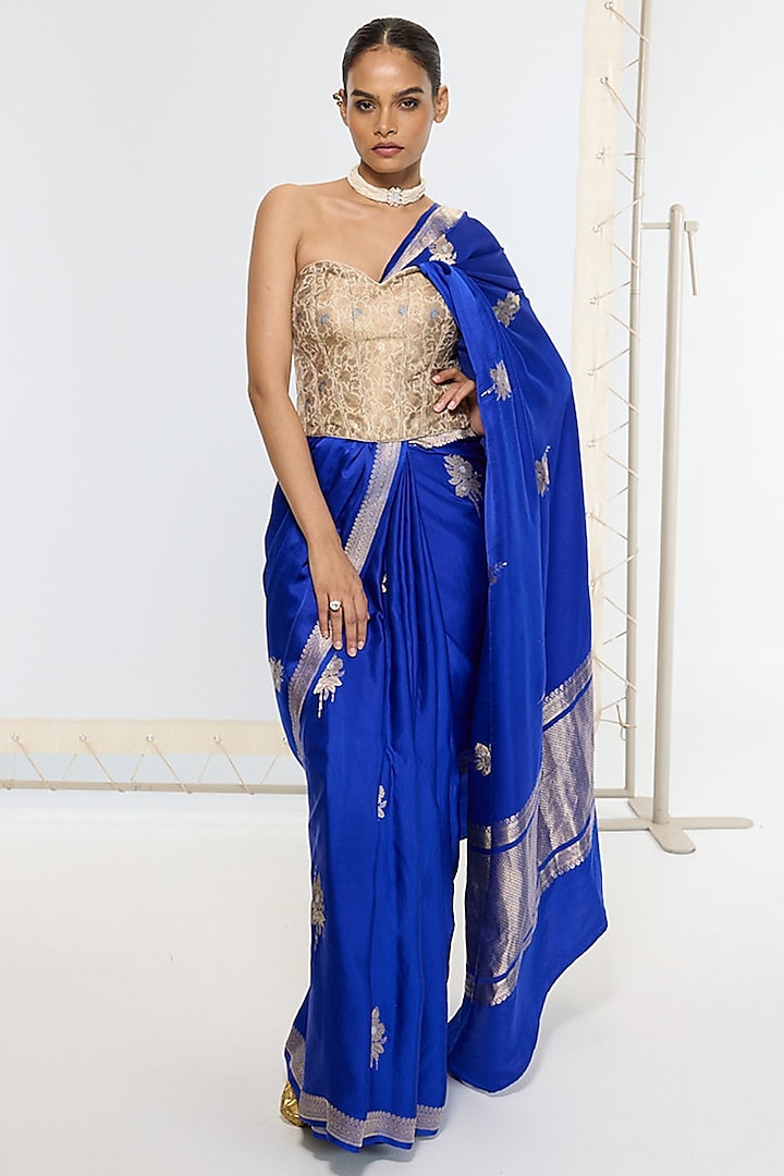 Blue Satin Silk Handwoven Wedding Saree by Ekaya at Pernia's Pop Up Shop