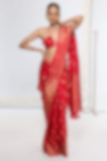 Crimson Red Satin Silk Handwoven Wedding Saree by Ekaya at Pernia's Pop Up Shop