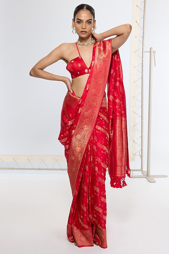 Crimson Red Satin Silk Handwoven Wedding Saree by Ekaya at Pernia's Pop Up Shop