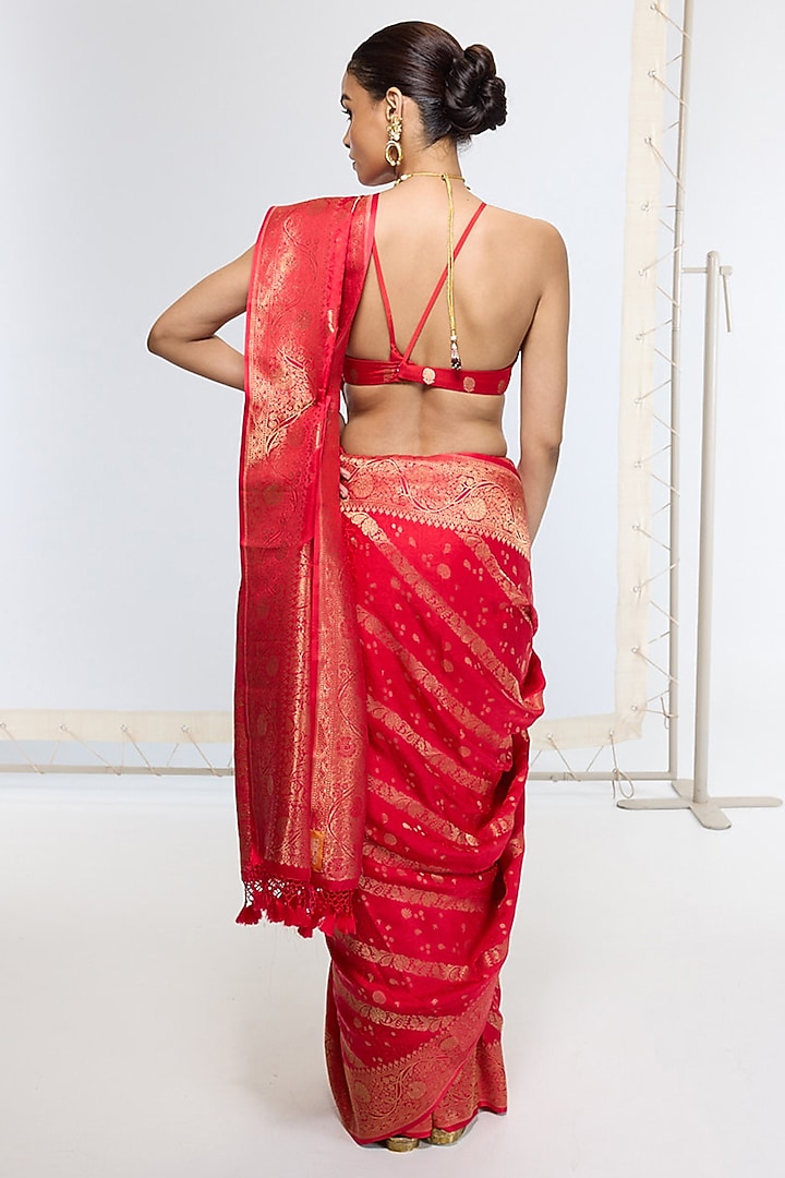Crimson Red Satin Silk Handwoven Wedding Saree by Ekaya at Pernia's Pop Up Shop