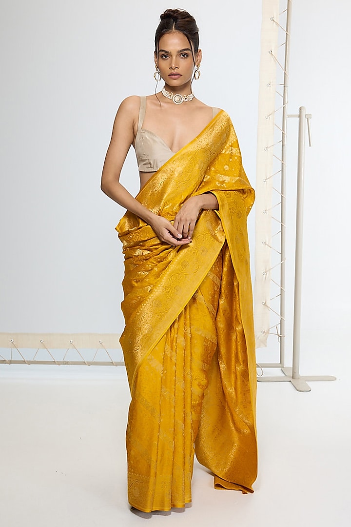Saffron Yellow Satin Silk Handwoven Wedding Saree by Ekaya at Pernia's Pop Up Shop