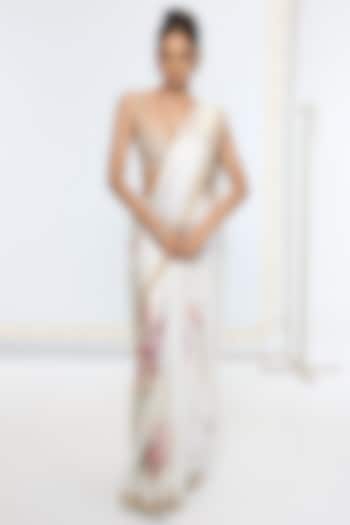 Off-White Crepe Digital Printed Banarasi Party Wear Saree by Ekaya at Pernia's Pop Up Shop