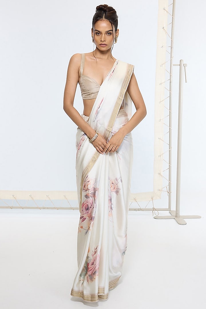 Off-White Crepe Digital Printed Banarasi Party Wear Saree by Ekaya at Pernia's Pop Up Shop