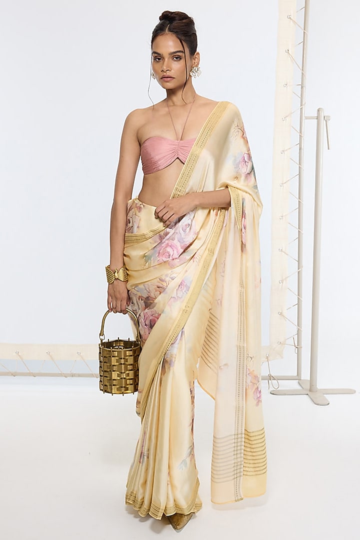 Biscotti Yellow Crepe Digital Printed Banarasi Party Wear Saree by Ekaya at Pernia's Pop Up Shop