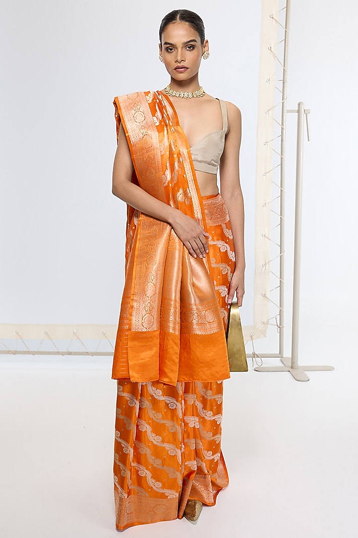 Burnt Orange Satin Silk Handwoven Wedding Saree by Ekaya at Pernia's Pop Up Shop