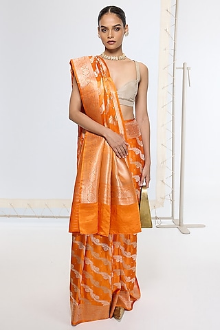 Burnt Orange Satin Silk Handwoven Saree by Ekaya