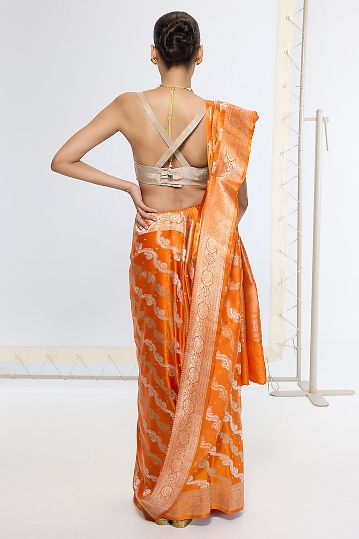Burnt Orange Satin Silk Handwoven Wedding Saree by Ekaya at Pernia's Pop Up Shop