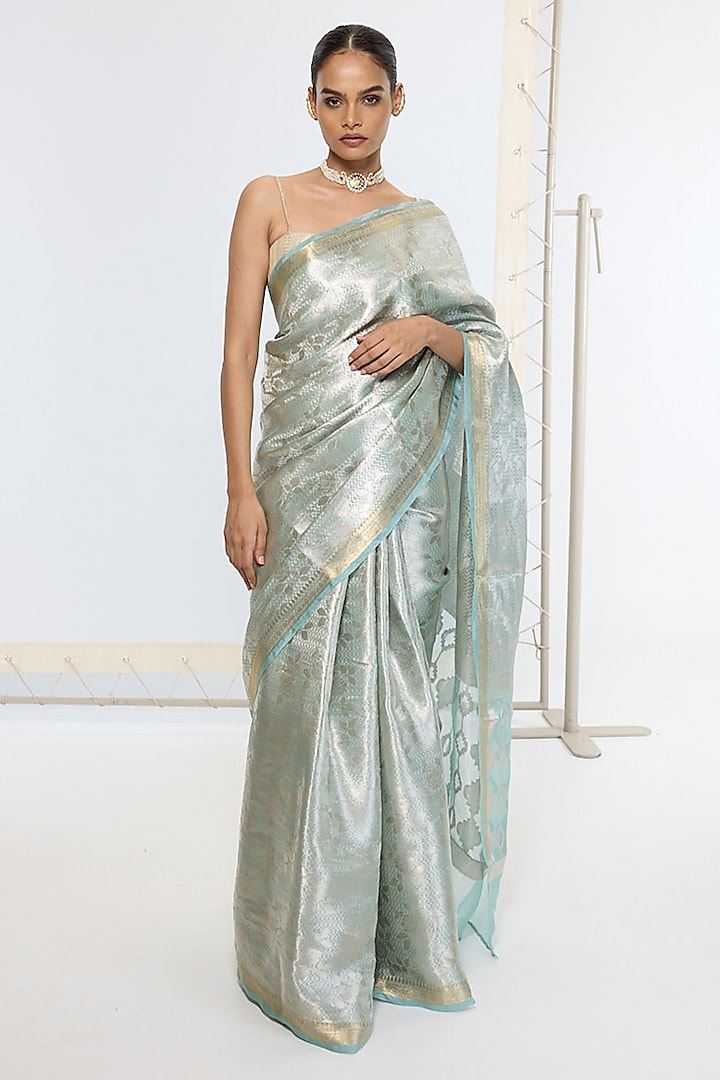 Sea Green Tissue Silk Handwoven Banarasi Party Wear Saree by Ekaya at Pernia's Pop Up Shop
