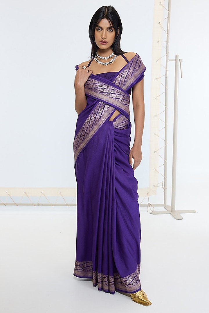 Deep Purple Silk Handwoven Party Wear Saree by Ekaya at Pernia's Pop Up Shop