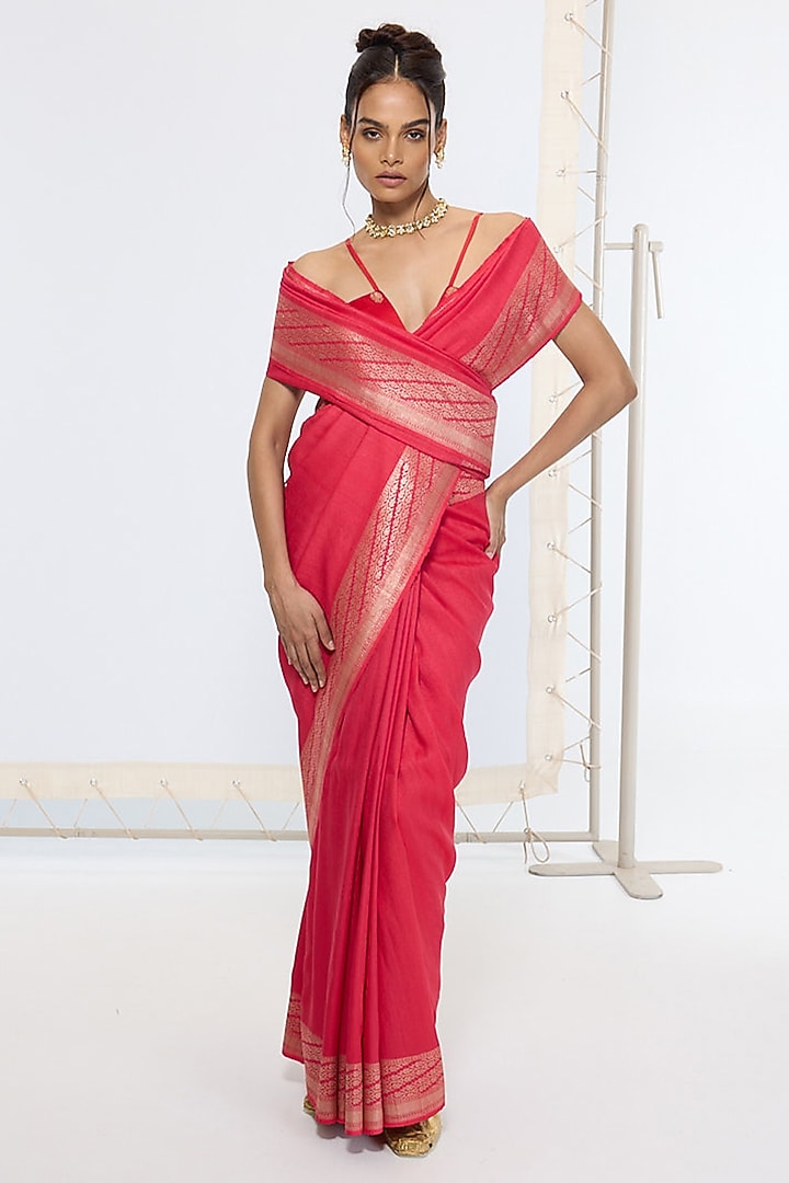 Red Silk Handwoven Party Wear Saree by Ekaya at Pernia's Pop Up Shop