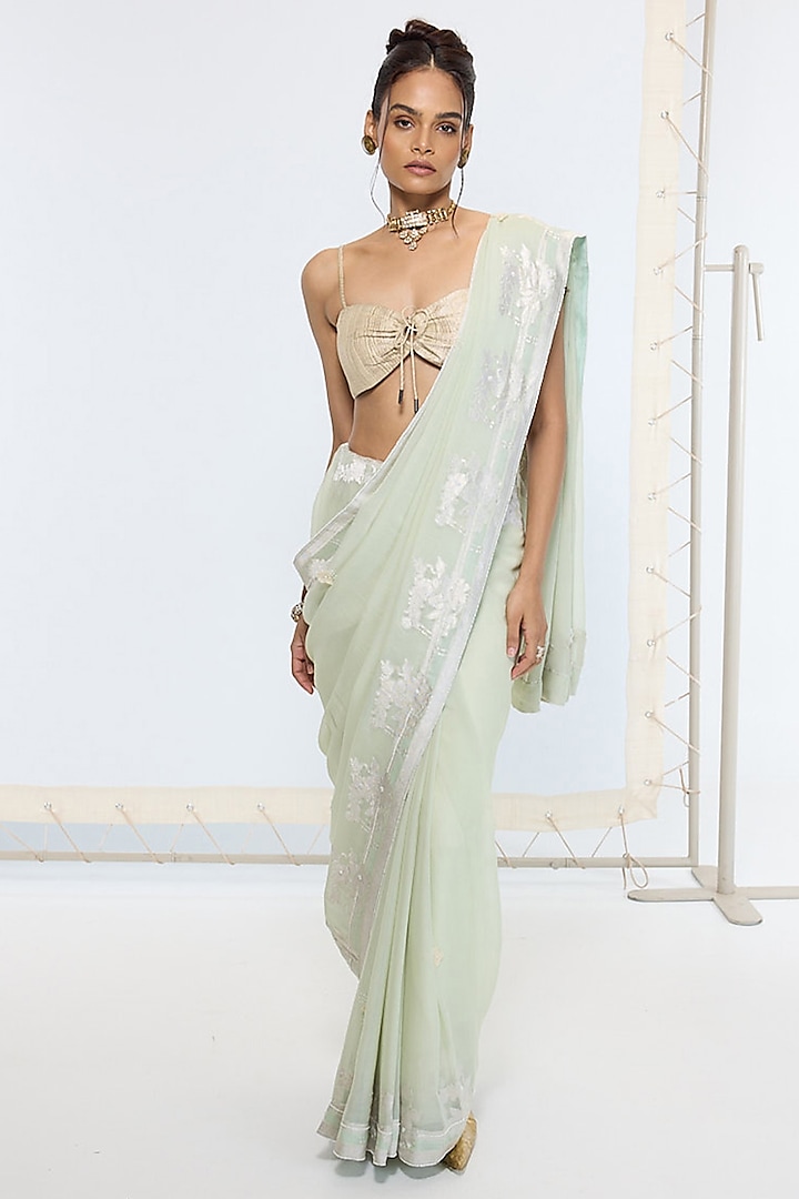 Pastel Green Silk Georgette Hand Embroidered Handwoven Banarasi Party Wear Saree by Ekaya at Pernia's Pop Up Shop