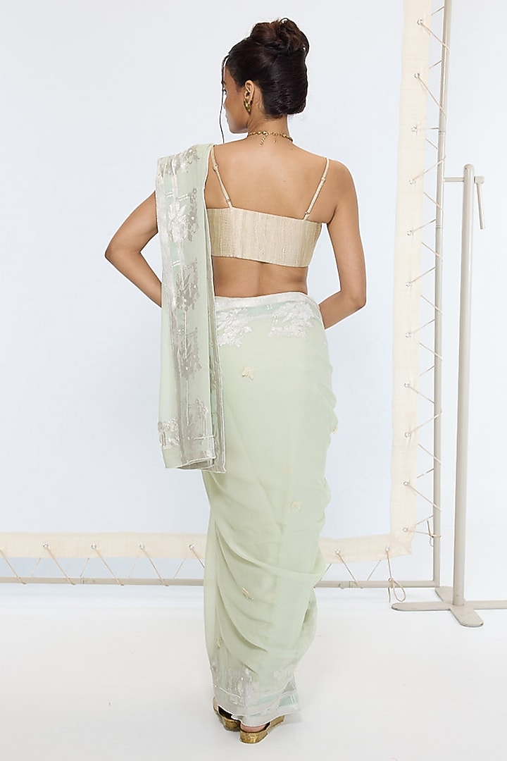 Pastel Green Silk Georgette Hand Embroidered Handwoven Banarasi Party Wear Saree by Ekaya at Pernia's Pop Up Shop