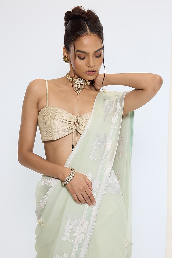 Pastel Green Silk Georgette Hand Embroidered Handwoven Banarasi Party Wear Saree by Ekaya at Pernia's Pop Up Shop