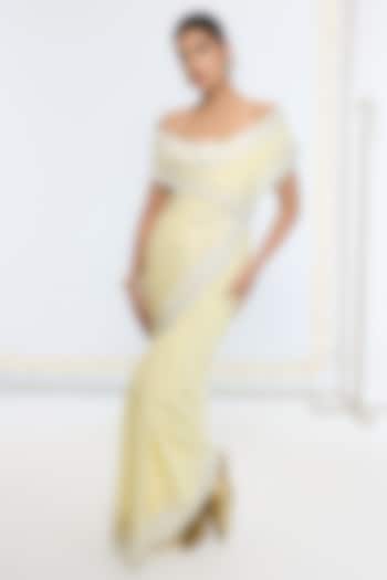 Lemon Yellow Silk Georgette Hand Embroidered Handwoven Banarasi Party Wear Saree by Ekaya at Pernia's Pop Up Shop