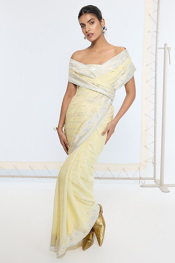 Lemon Yellow Silk Georgette Hand Embroidered Handwoven Banarasi Party Wear Saree by Ekaya at Pernia's Pop Up Shop