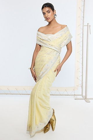 Lemon Yellow Silk Georgette Hand Embroidered Handwoven Banarasi Saree by Ekaya