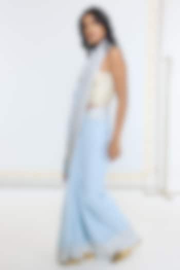 Sky Blue Silk Georgette Hand Embroidered Handwoven Banarasi Party Wear Saree by Ekaya at Pernia's Pop Up Shop