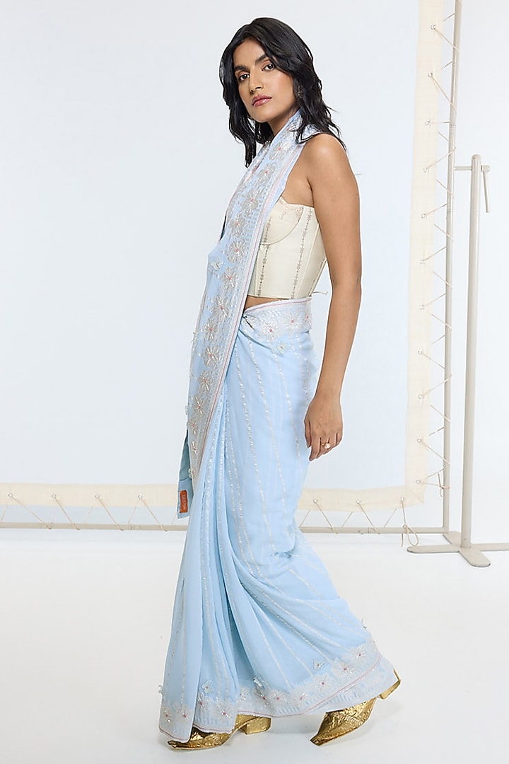 Sky Blue Silk Georgette Hand Embroidered Handwoven Banarasi Party Wear Saree by Ekaya at Pernia's Pop Up Shop