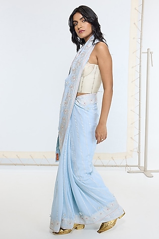 Sky Blue Silk Georgette Hand Embroidered Handwoven Banarasi Saree by Ekaya