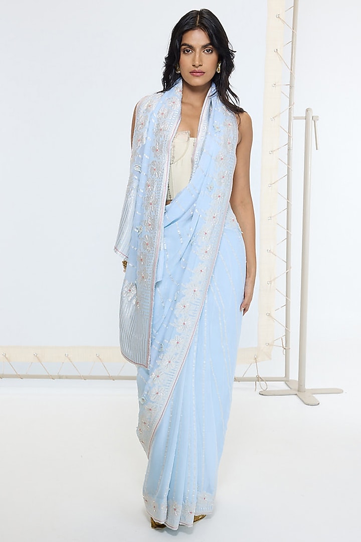 Sky Blue Silk Georgette Hand Embroidered Handwoven Banarasi Party Wear Saree by Ekaya at Pernia's Pop Up Shop