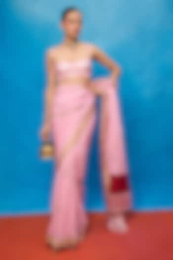 Pink Chiffon Banarasi Handwoven Wedding Saree Set by Ekaya at Pernia's Pop Up Shop