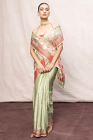 Pistachio Green Silk Banarasi Handwoven Saree Set by Ekaya