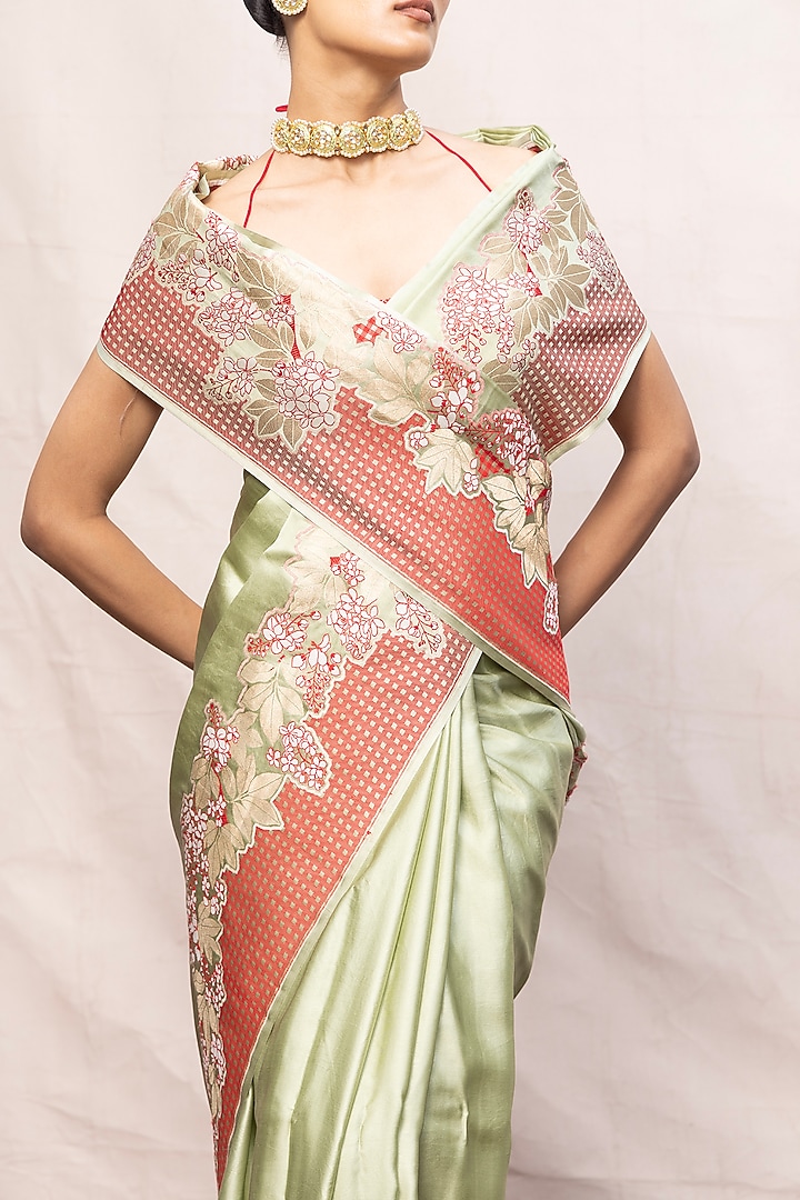 Pistachio Green Silk Banarasi Handwoven Wedding Saree Set by Ekaya at Pernia's Pop Up Shop