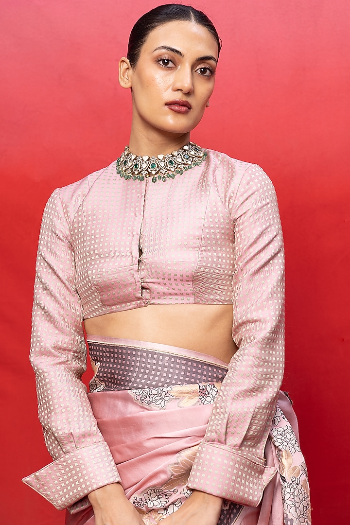 Pink Silk Banarasi Handwoven Wedding Saree Set by Ekaya at Pernia's Pop Up Shop