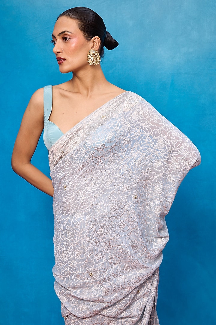 Ice Blue Chiffon Handwoven Wedding Saree Set by Ekaya at Pernia's Pop Up Shop