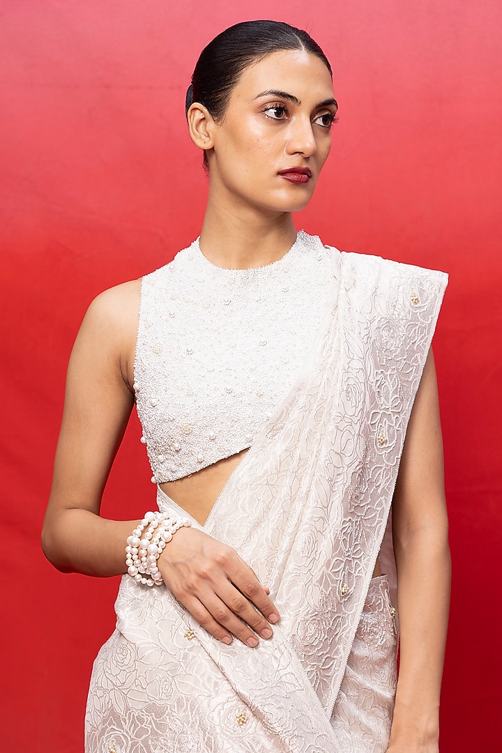 Off-White Chiffon Handwoven Wedding Saree Set by Ekaya at Pernia's Pop Up Shop